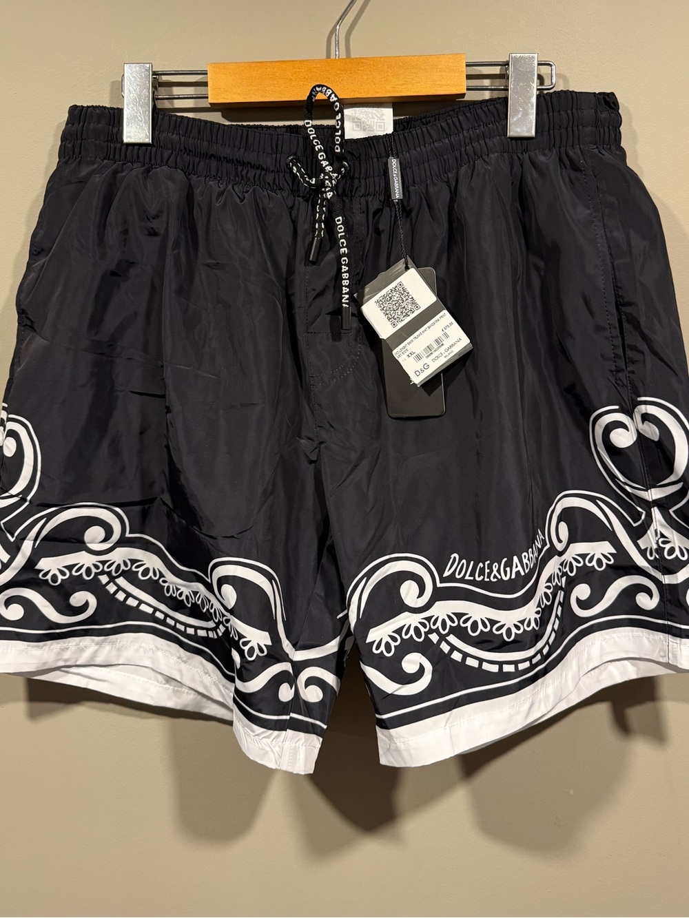 Dolce & Gabbana Men's Black Swim Shorts with White Paisley Trim
